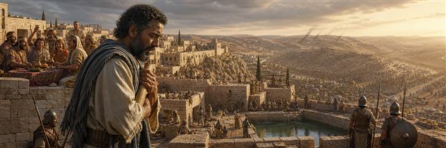 A grieving Isaiah overlooking rooftop celebrations, defensive works, and an approaching siege army