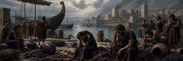 Phoenician merchants mourning beside silent ships, broken cargo jars, and Tyre's damaged harbor