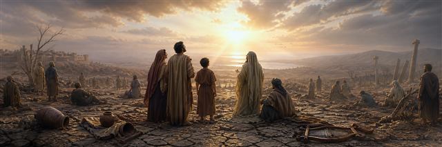 Survivors from many peoples facing a radiant dawn across cracked earth, ruins, and abandoned instruments