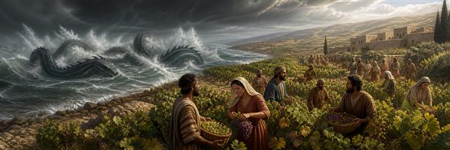 Families harvesting a flourishing coastal vineyard while a great sea serpent recedes into stormy waves