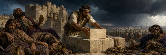 A careful builder setting a square cornerstone as intoxicated leaders slump and a storm approaches