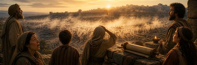 Astonished Jerusalem residents watching a siege camp dissolve at dawn beside an opened blank scroll