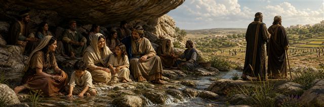 Families resting beside clear streams beneath a rock shelter while restored fields flourish nearby