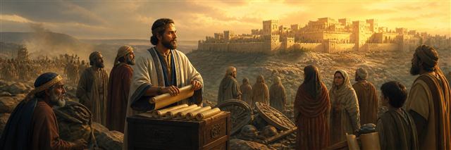 A scribe rolling up tribute records while citizens look toward secure Jerusalem after an army retreats