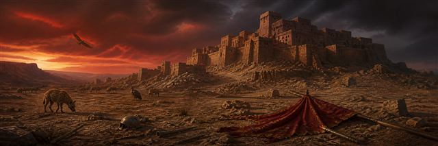 An abandoned Edomite fortress beneath a red storm sky with fallen banners and desert animals nearby
