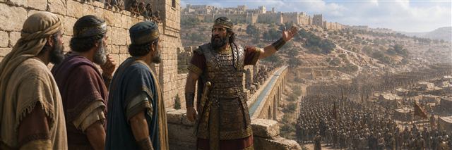 The Assyrian commander Rabshakeh addressing Judean officials beside an aqueduct below Jerusalem's walls