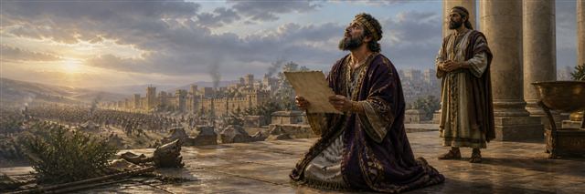 King Hezekiah kneeling with an opened letter as Isaiah stands nearby and Assyria withdraws beyond Jerusalem