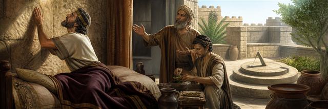 Ill King Hezekiah praying beside a wall while attendants prepare figs and sunlight shifts on a sundial