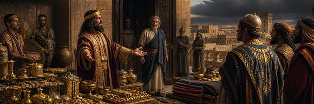 King Hezekiah proudly showing gold and royal stores to Babylonian envoys as Isaiah watches gravely