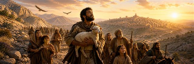 A shepherd carrying a lamb among returning families as eagles soar over a wilderness road to Jerusalem