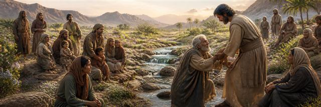 A man helping an elderly exile stand as families gather beside fresh streams in a flowering wilderness