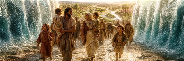 Redeemed families walking safely between towering waters toward a flowering desert crossed by new streams
