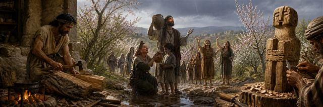 Families welcoming rain among flowering trees while an artisan carves a wooden idol beside his cooking fire