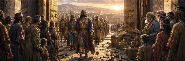 Persian ruler Cyrus walking through opened bronze gates past released locks, treasures, and waiting exiles