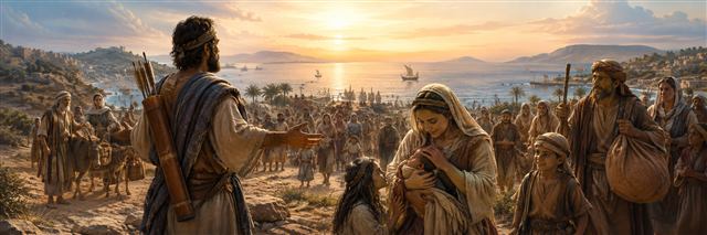 A servant addressing coastlands as returning families gather and a mother tenderly holds her infant