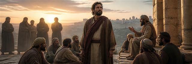 A resolute servant standing at dawn among weary listeners while distant accusers remain in shadow