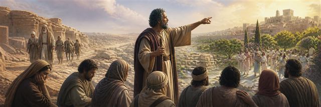 A prophet showing discouraged exiles their ancestors' rocky beginning and a flourishing restored Jerusalem