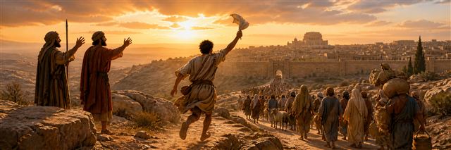 A barefoot messenger running toward Jerusalem while watchmen rejoice and returning exiles approach its gates