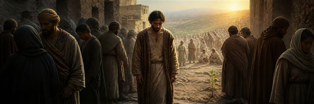 A weary humble servant walking through a crowd that turns away as peaceful families gather beyond him