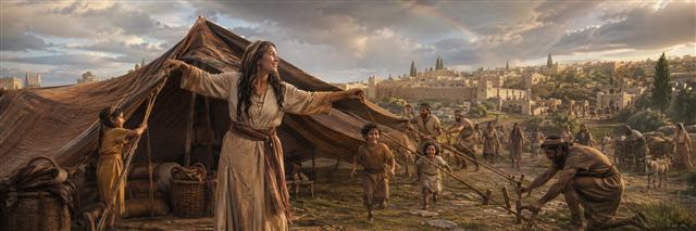 A joyful woman and helpers expanding a large tent as children and returning families gather near Jerusalem