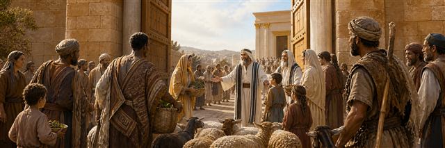 Worshipers from varied backgrounds welcomed through Jerusalem's open temple gates with offerings and sheep