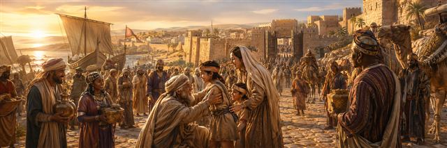 Families, ships, and camel caravans from many nations entering radiant Jerusalem as children reunite with elders