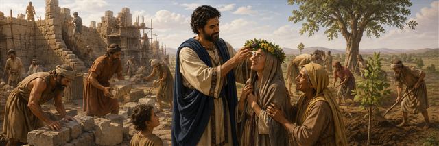A messenger placing a flower garland on a mourner while families rebuild walls and plant young trees