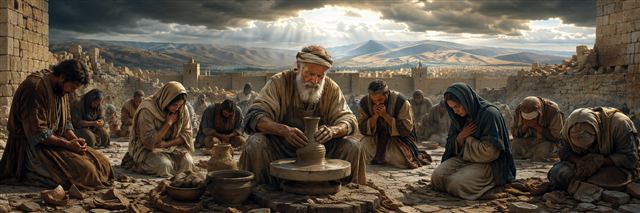 An elderly potter shaping clay as repentant families kneel among Jerusalem's broken walls