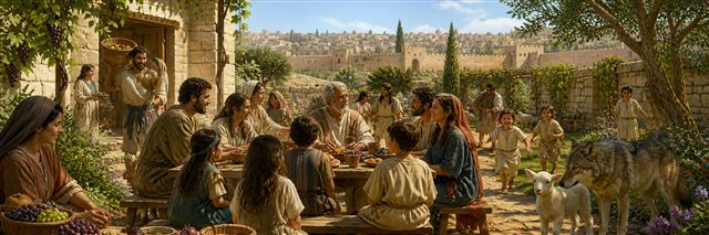 A multigenerational community sharing food in a garden while a wolf and lamb stand peacefully nearby