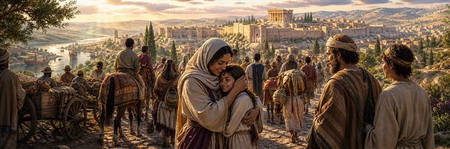People from many nations arriving by ships, carts, animals, and foot to worship at restored Jerusalem