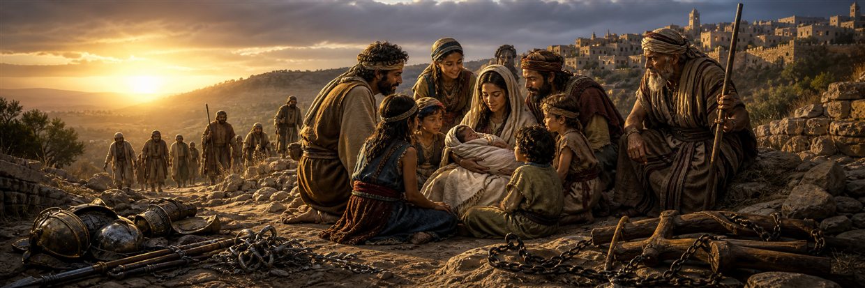 Light breaking over people casting off a broken yoke as a royal infant rests safely among them