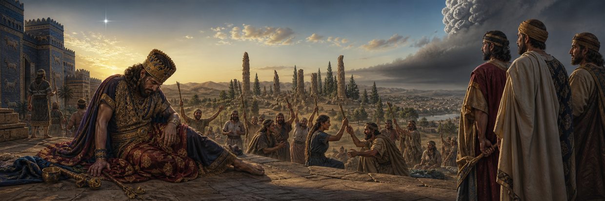 A defeated Babylonian king stripped of royal splendor while formerly oppressed families celebrate freedom