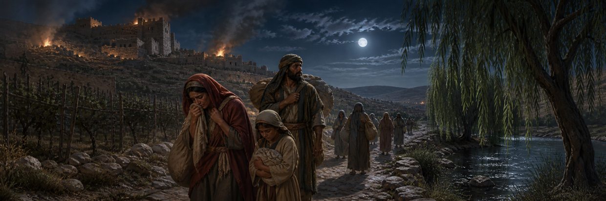 Grieving Moabite families carrying belongings away from burning hill towns beside a moonlit stream