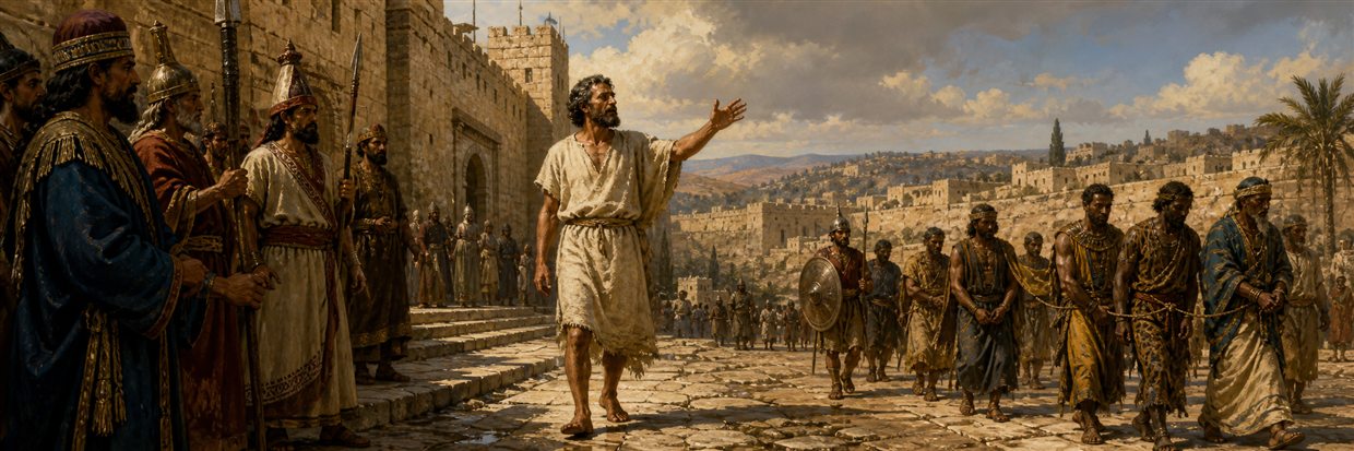 Barefoot Isaiah in a modest linen garment warning Jerusalem's leaders as fully clothed captives pass nearby