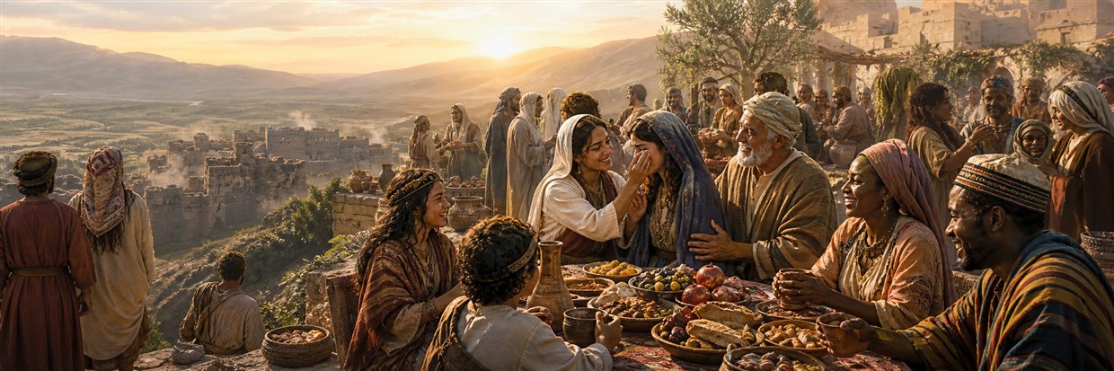 People from many nations sharing a mountain feast while mourners have their tears gently wiped