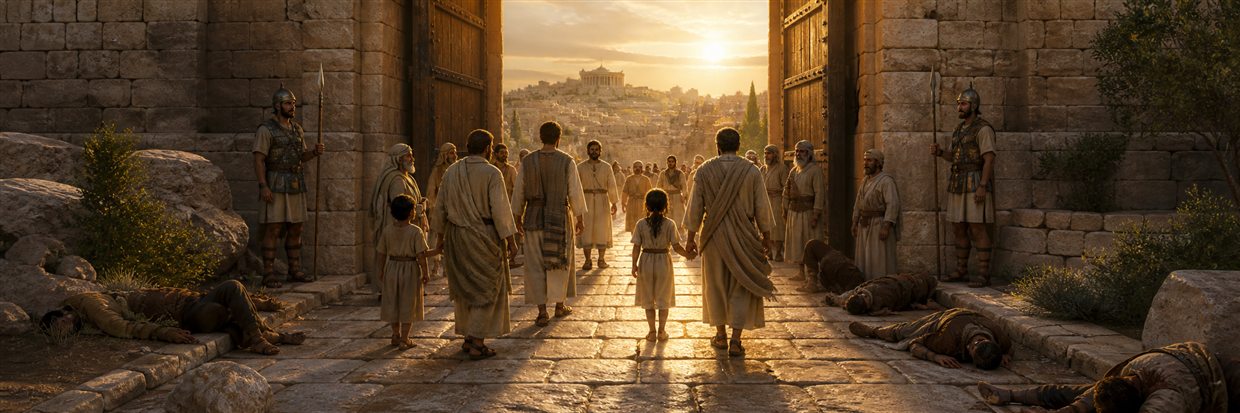 Families walking through Jerusalem's strong open gates along a sunlit level path guarded by watchmen
