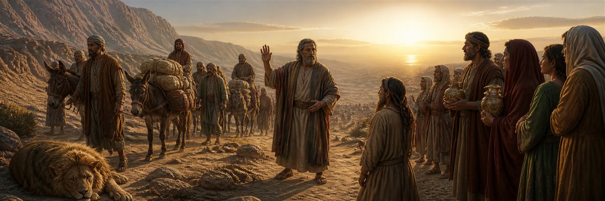 Isaiah stopping Judahite envoys and laden donkeys on a desert route toward Egypt