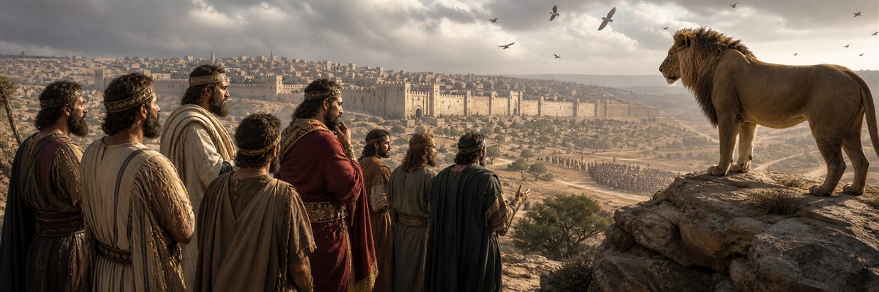 Jerusalem's leaders watching a lion and circling birds symbolize protection above the threatened city