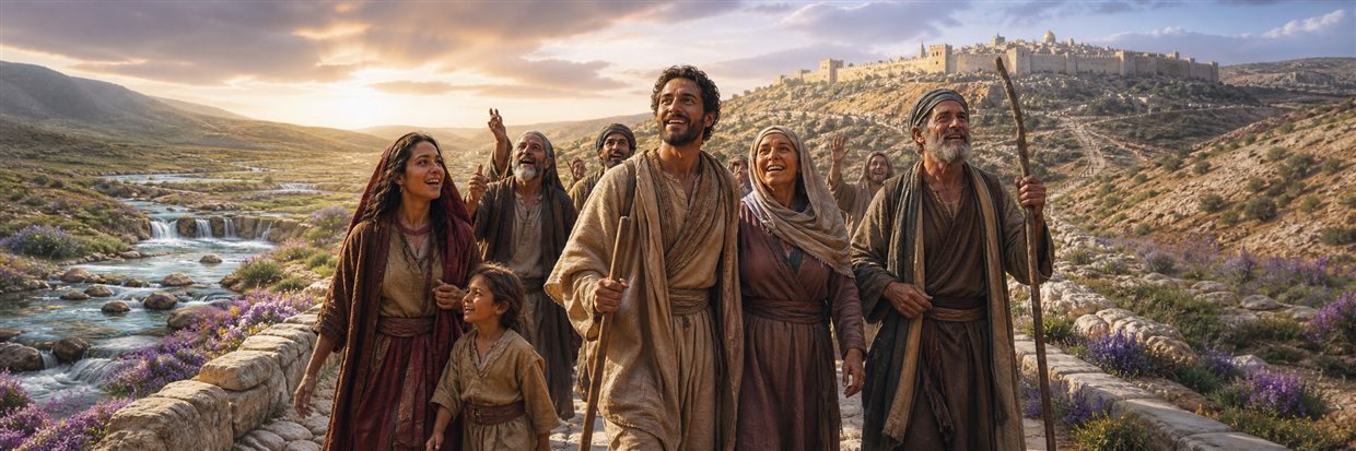 Joyful travelers walking confidently toward Zion beside desert streams, crocuses, and flourishing hills