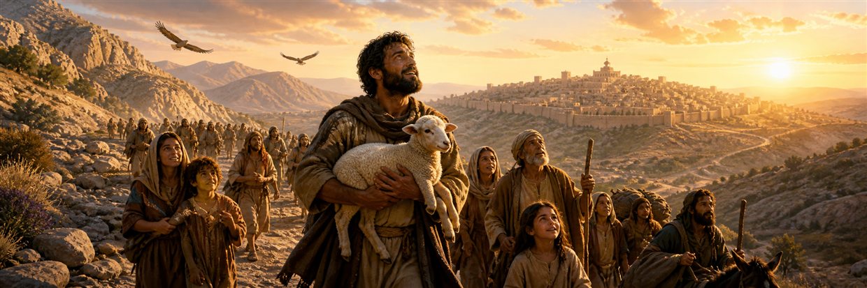 A shepherd carrying a lamb among returning families as eagles soar over a wilderness road to Jerusalem