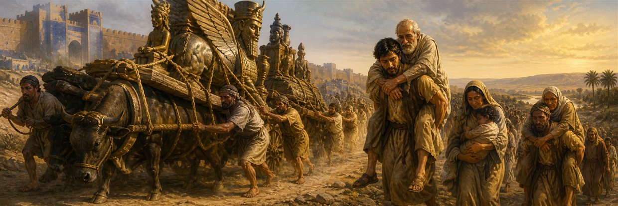 Straining animals carrying Babylonian idols beside younger relatives supporting elderly exiles on their journey