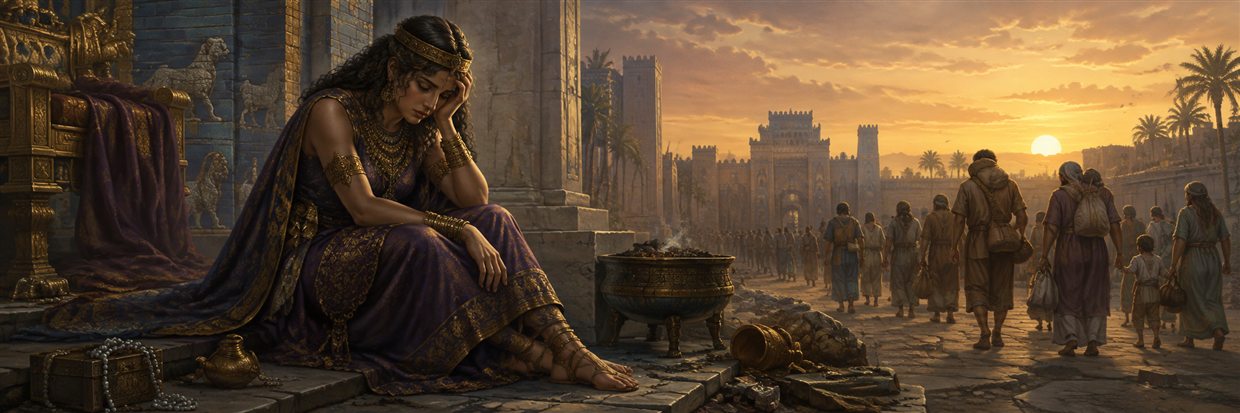 A richly dressed woman representing Babylon sitting beside an abandoned throne while freed captives leave at sunrise