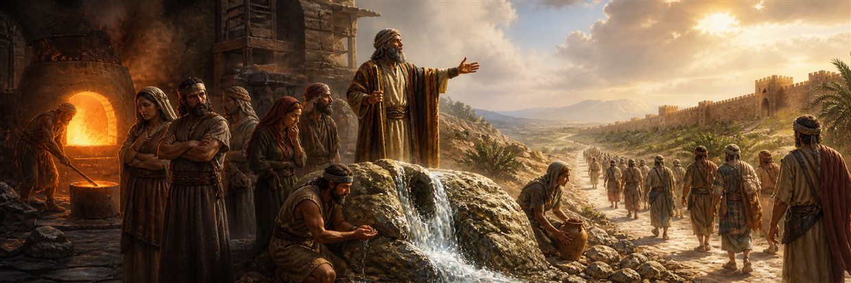 A prophet guiding exiles from a refiner's furnace toward a bright road as water flows from rock