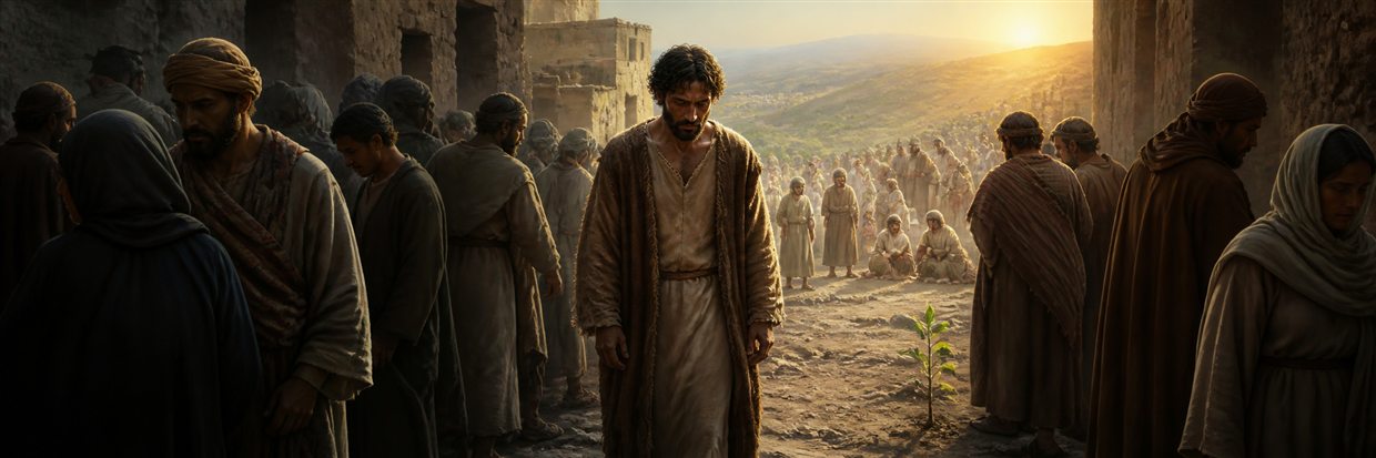 A weary humble servant walking through a crowd that turns away as peaceful families gather beyond him