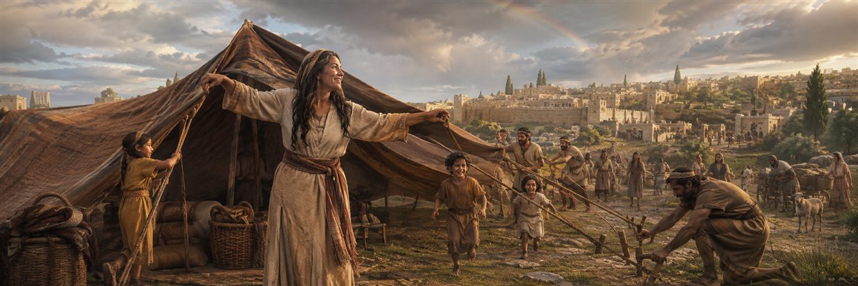 A joyful woman and helpers expanding a large tent as children and returning families gather near Jerusalem