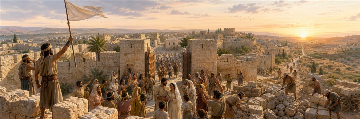 Watchmen raising a plain banner as families and a newly married couple enter restored Jerusalem