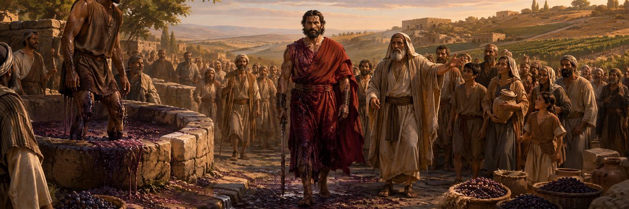 A warrior in a grape-stained crimson robe leaving a winepress as families remember past rescue
