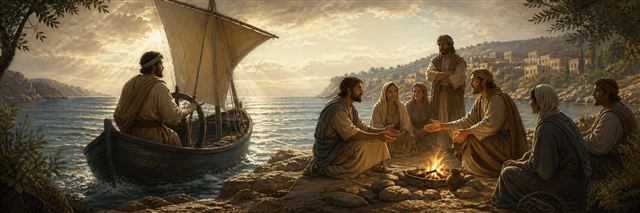 A teacher speaking gently as a small ship is guided and a contained fire warms a peaceful gathering