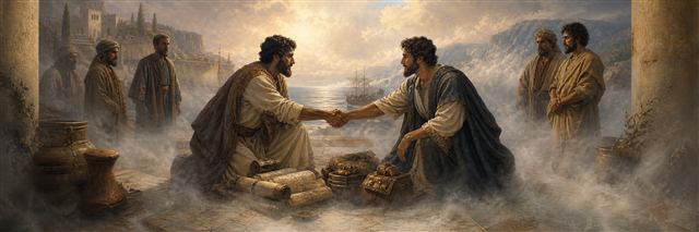 Merchants setting aside disputed plans and reconciling while travelers await the uncertain road