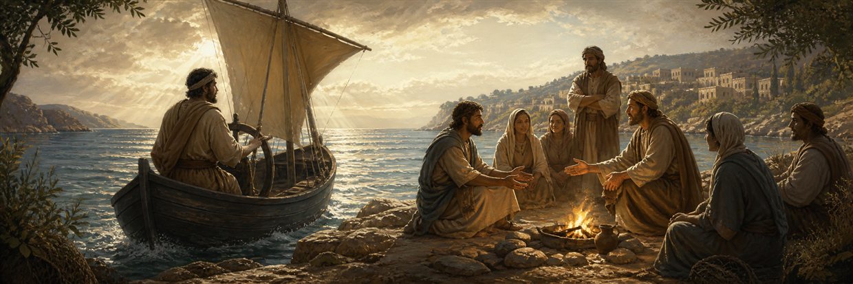A teacher speaking gently as a small ship is guided and a contained fire warms a peaceful gathering